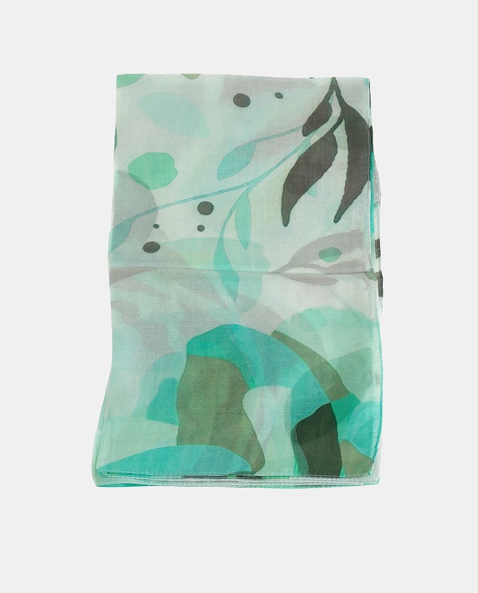 Lenço Quadrado de Seda com Estampado Floral Turquesa-1