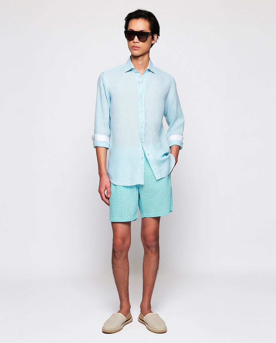 Camisa Casual com Manga Comprida e em Linho Verde Água-6