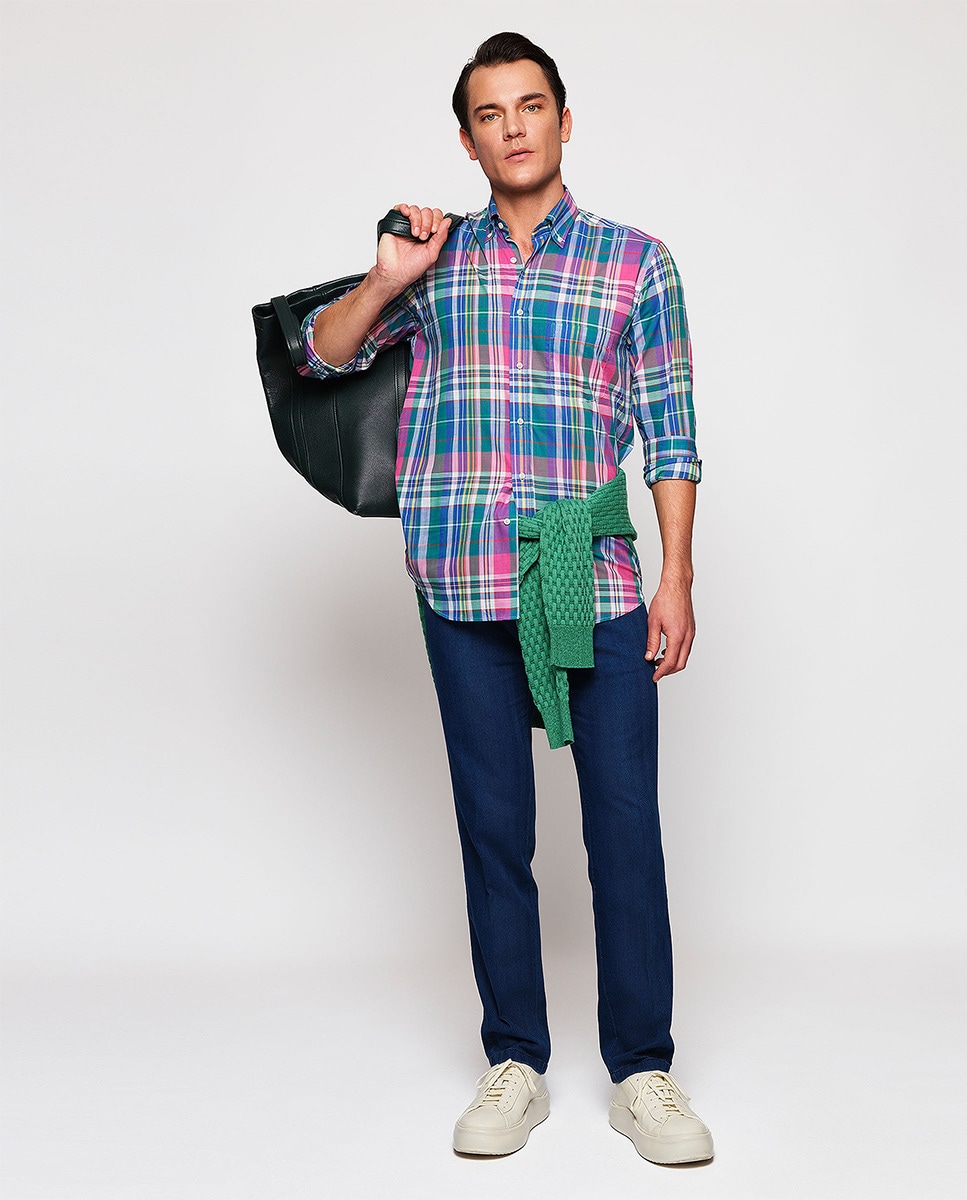 Camisa Casual de Manga Comprida e aos Quadrados Azul-6
