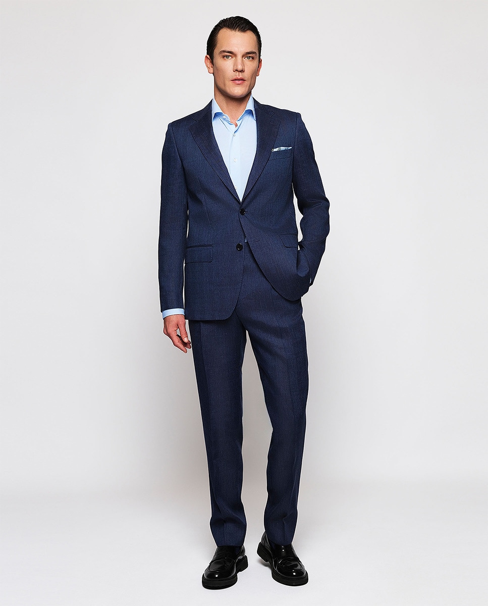Fato Regular Fit de Linho/Lã Azul-5
