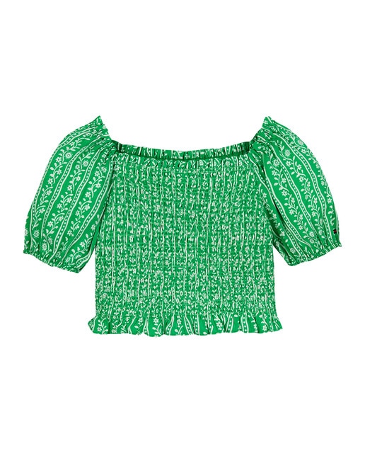 Imagen 0 de Camisa de niña con cuerpo de nido de abeja y manga corta abullonada