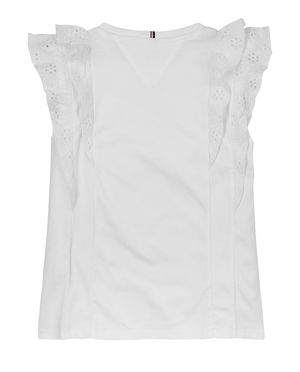 T-shirt de Manga Curta com Folhos de Estilo Broderie Anglaise Branco-2