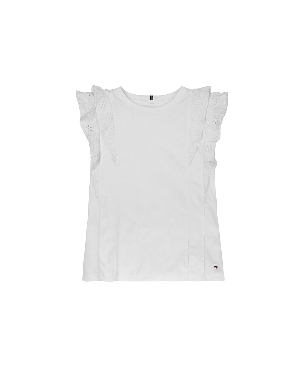 T-shirt de Manga Curta com Folhos de Estilo Broderie Anglaise Branco-1