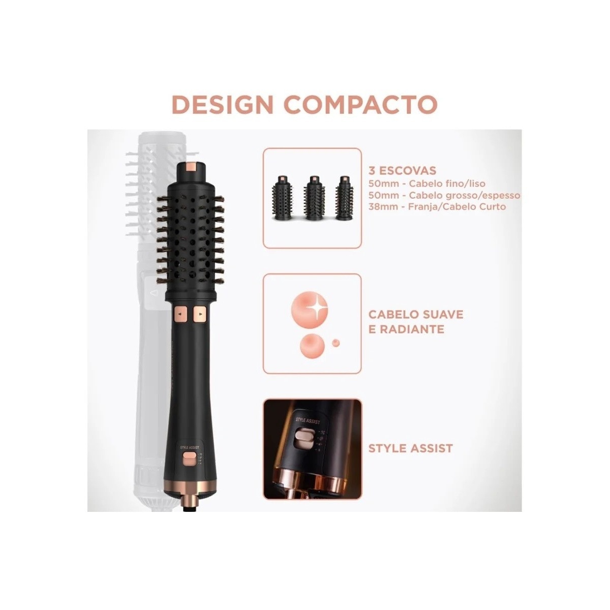 Escova Modelador de Cabelo Rowenta CF9625 Ultimate Experience de 750 W - 3 Níveis de Temperatura - Preto e Rosa Gold Preto / Cobre-3