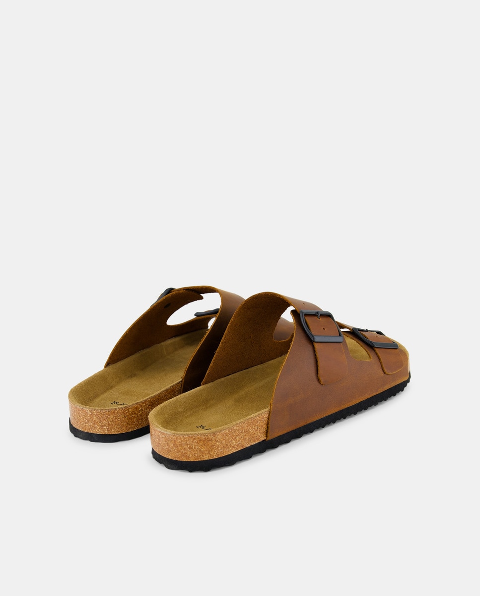 Sandalia de hombre bio de piel doble hebilla Marrón claro-3