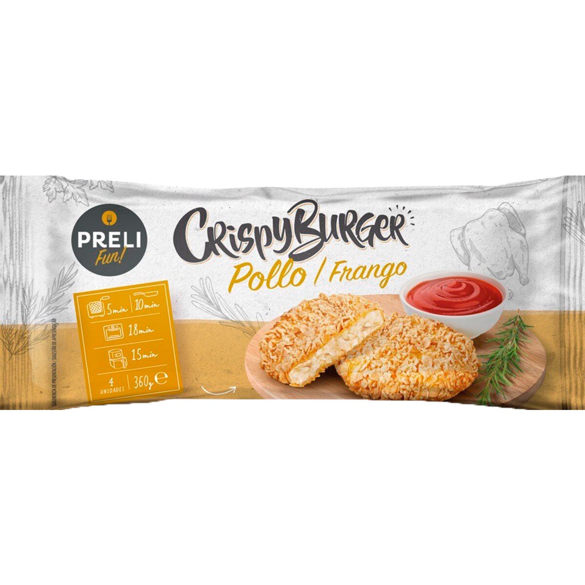 Hambúrguer Pré Frito de Frango Panado embalagem 360 g