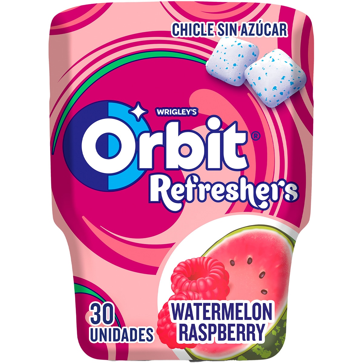Refresher's chicles sabor sandía y frambuesa sin azúcar bote 30 unidades