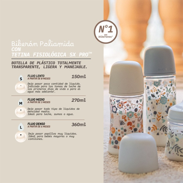 SX Pro medium-flow silicone baby bottle with physiological teat 3+ months case 1 each different designs are supplied according to stock 270 ml