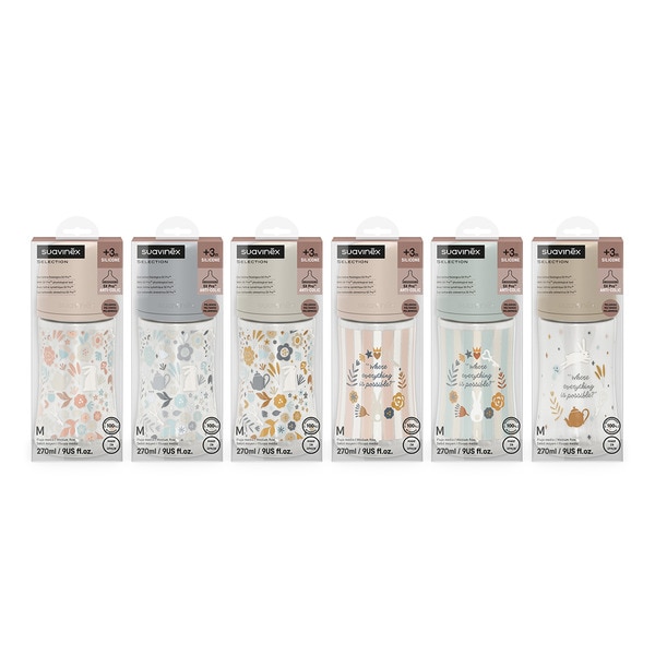 SX Pro medium-flow silicone baby bottle with physiological teat 3+ months case 1 each different designs are supplied according to stock 270 ml