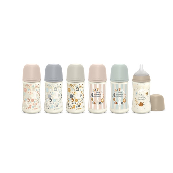 SX Pro medium-flow silicone baby bottle with physiological teat 3+ months case 1 each different designs are supplied according to stock 270 ml