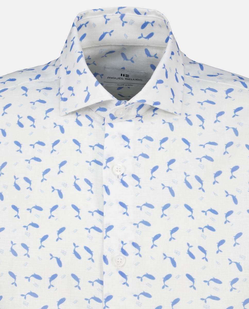 Camisa Regular em Linho e Algodão com Estampado de Baleias Branco-5