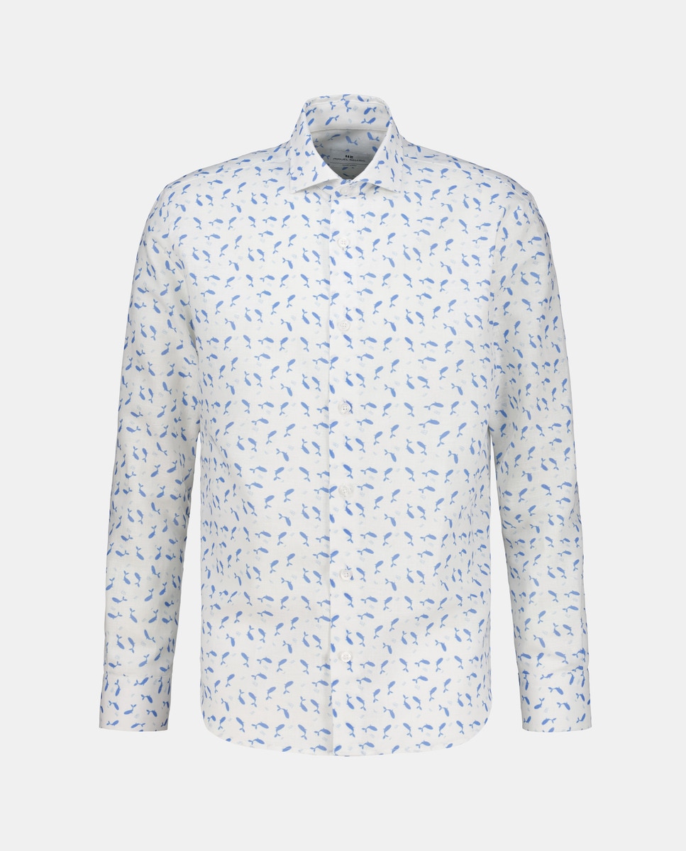 Camisa Regular em Linho e Algodão com Estampado de Baleias Branco-4