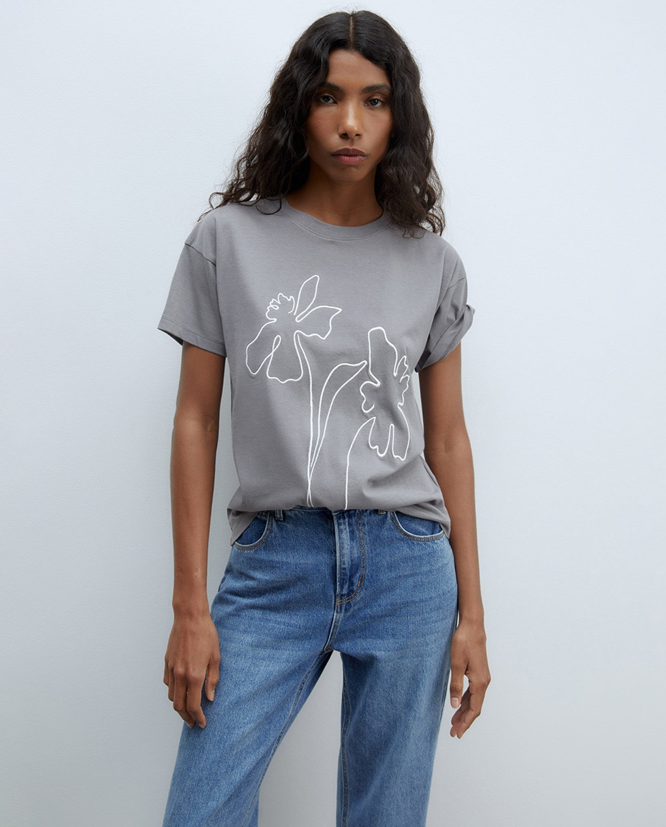 T-shirt com Silhueta Bordada Cinzento médio-1