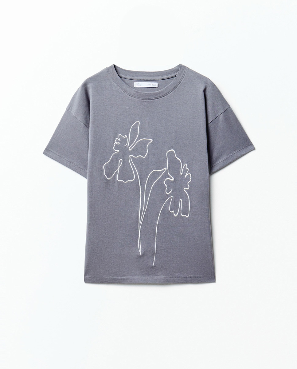 T-shirt com Silhueta Bordada Cinzento médio-6