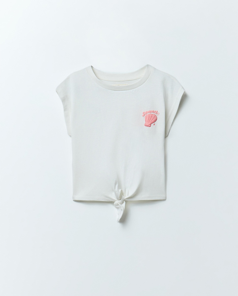 T-shirt com Nó e Estampado Cru-2