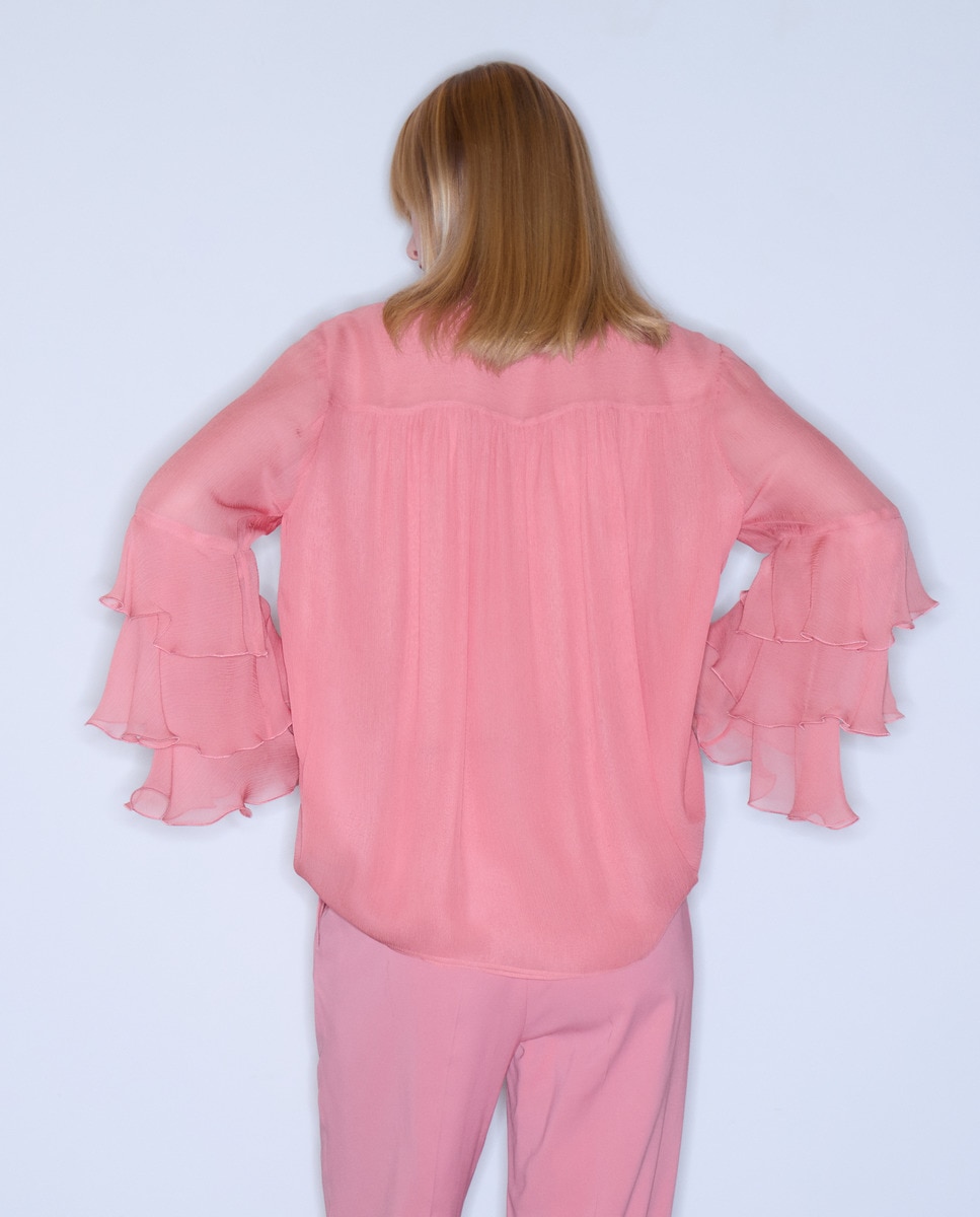 Blusa de Manga Comprida com Folhos Rosa-6