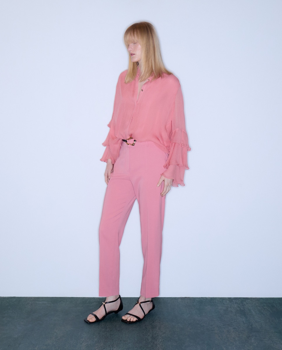Blusa de Manga Comprida com Folhos Rosa-1
