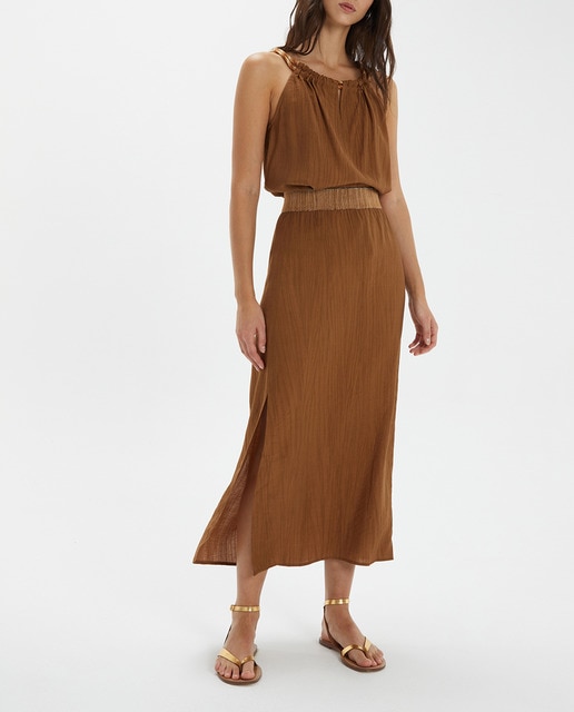 Imagen 0 de Falda larga con goma de adorno en la cintura y abertura en el delantero. Sin forro