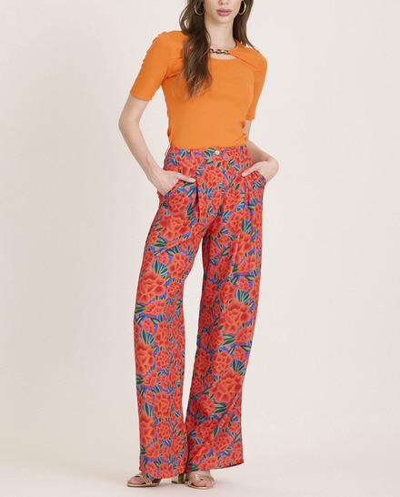 Pantalón de mujer de vestir con estampado de flores en tonos naranja — oferta en Primeriti