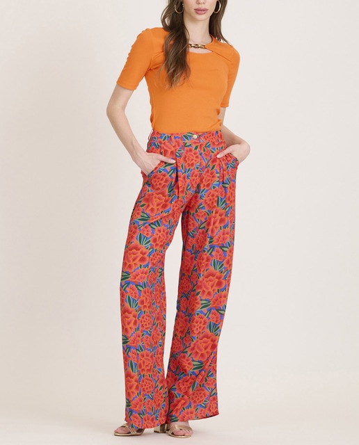 Imagen 0 de Pantalón de mujer de vestir con estampado de flores en tonos naranja
