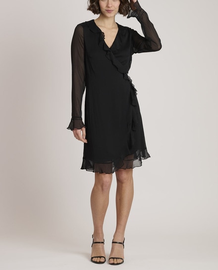 Vestido de mujer de manga larga semitransparente con detalle de volantes en la parte delantera y el bajo — oferta en Primeriti