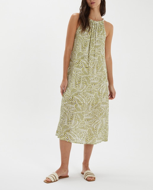 Imagen 0 de Vestido estampado, vaporoso con escote halter y largo midi. Forrado.