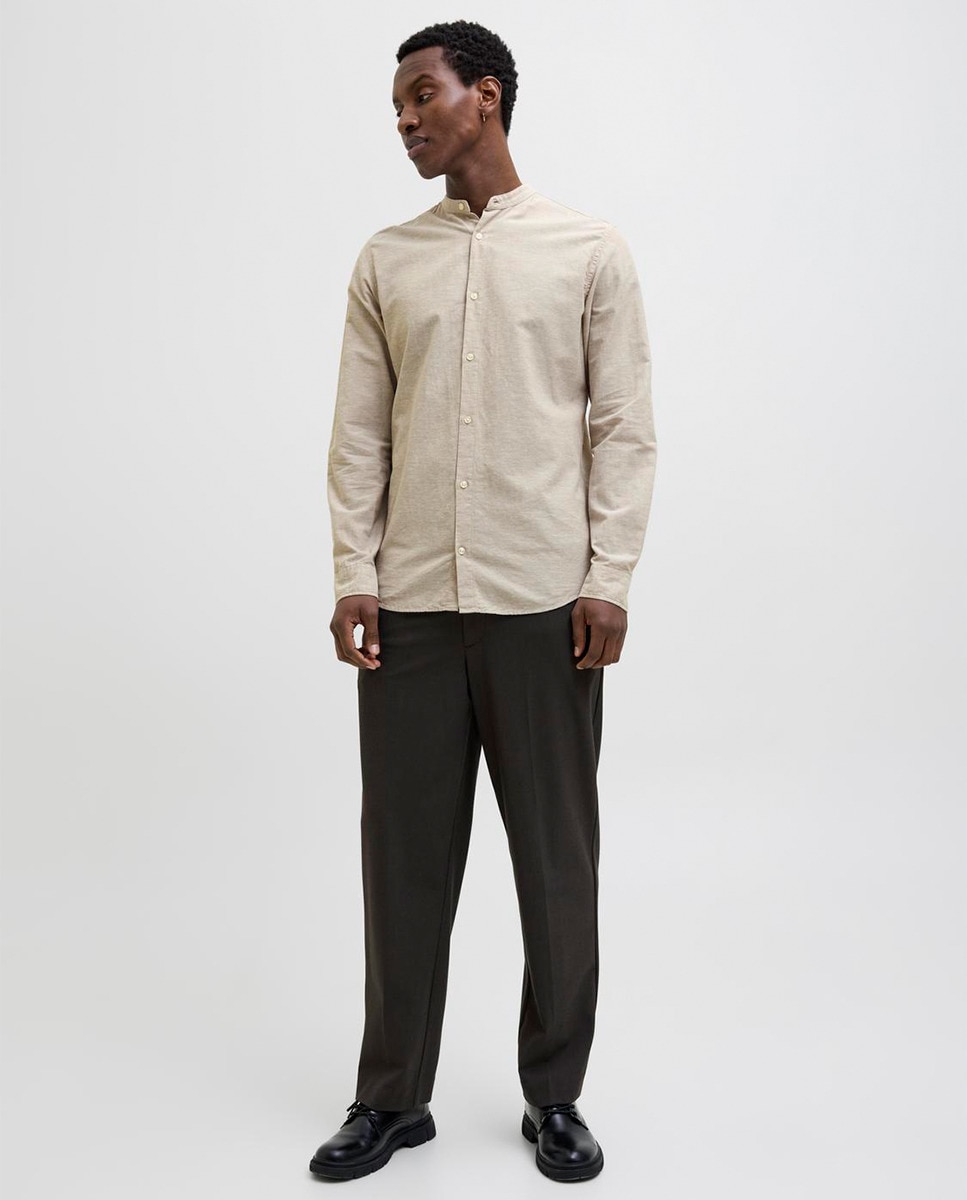 Camisa de Manga Comprida com Corte Slim Bege-7