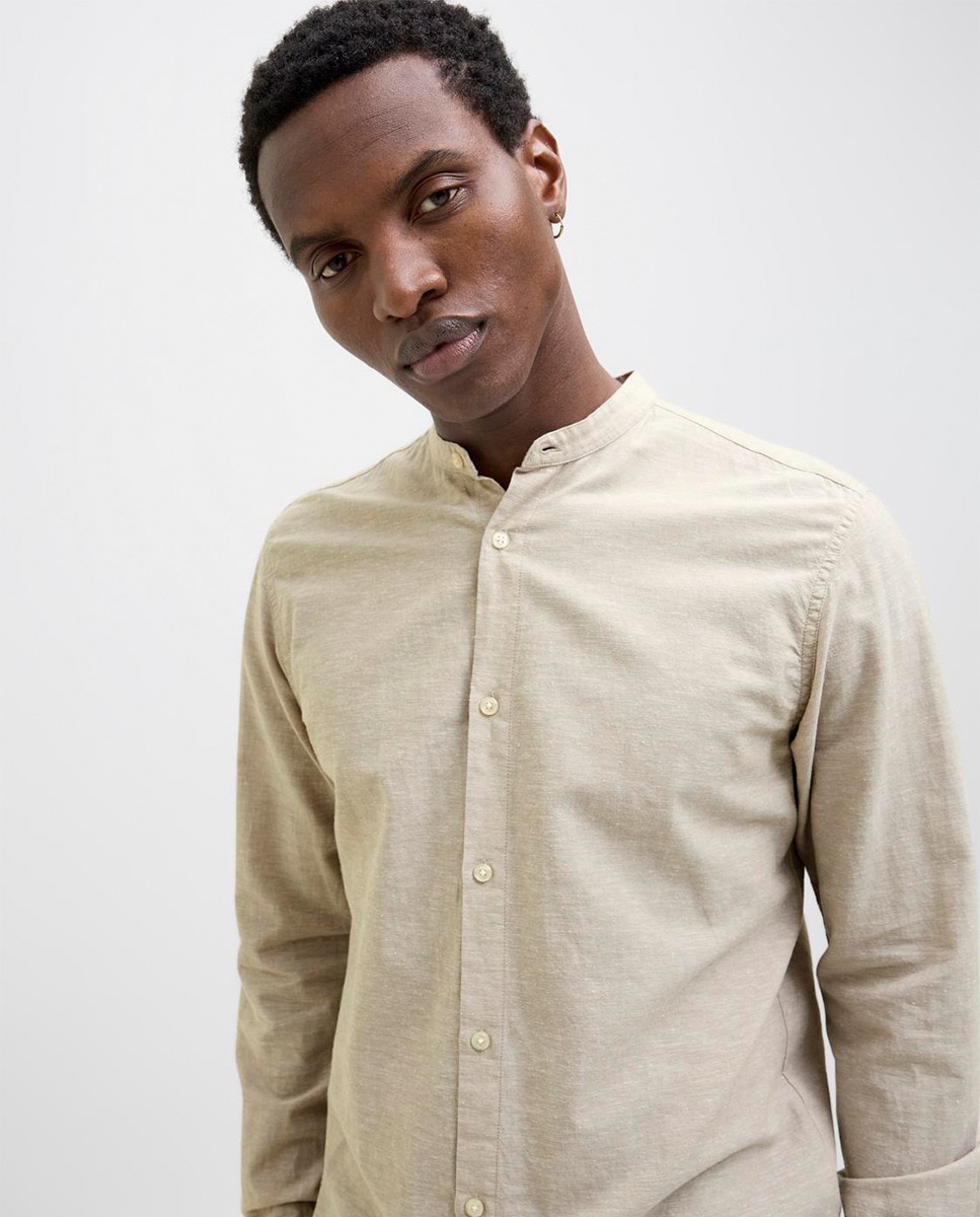 Camisa de Manga Comprida com Corte Slim Bege-3