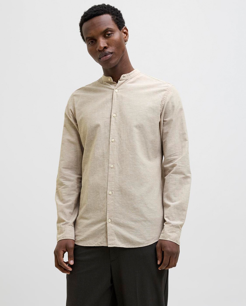 Camisa de Manga Comprida com Corte Slim Bege-1