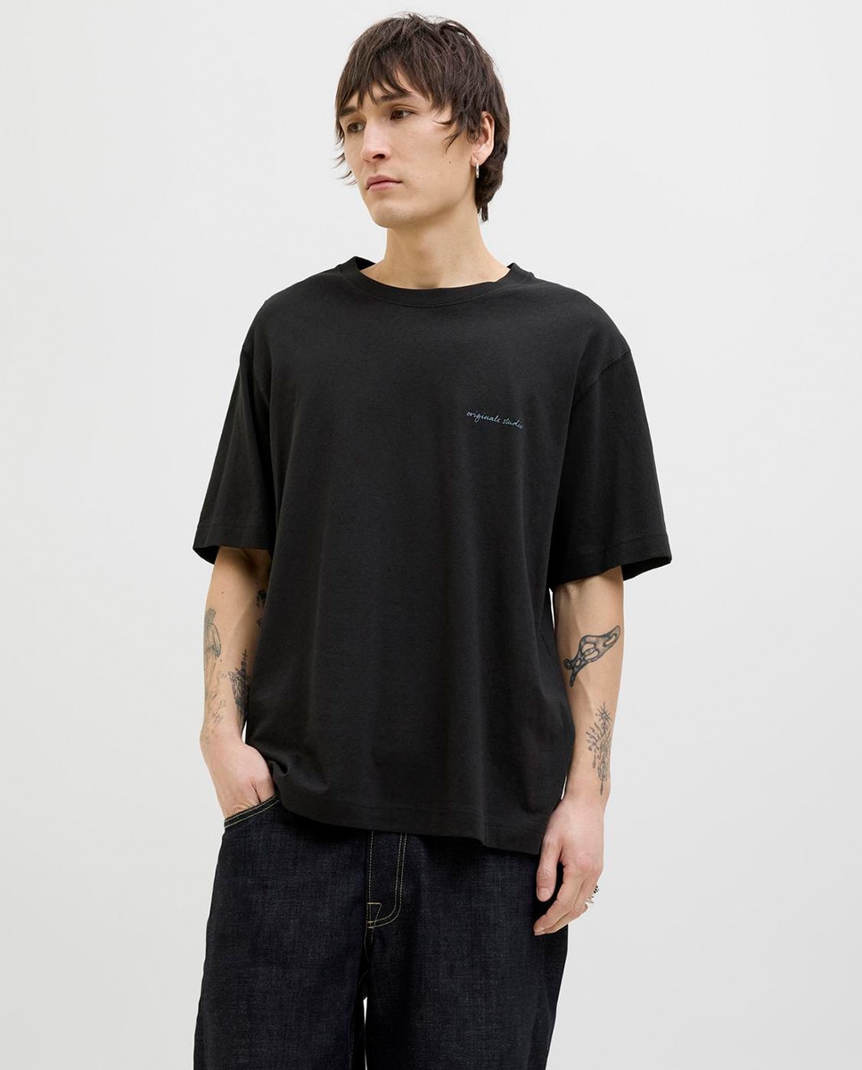 T-shirt de Manga Curta e Desenho Traseiro Preto-1