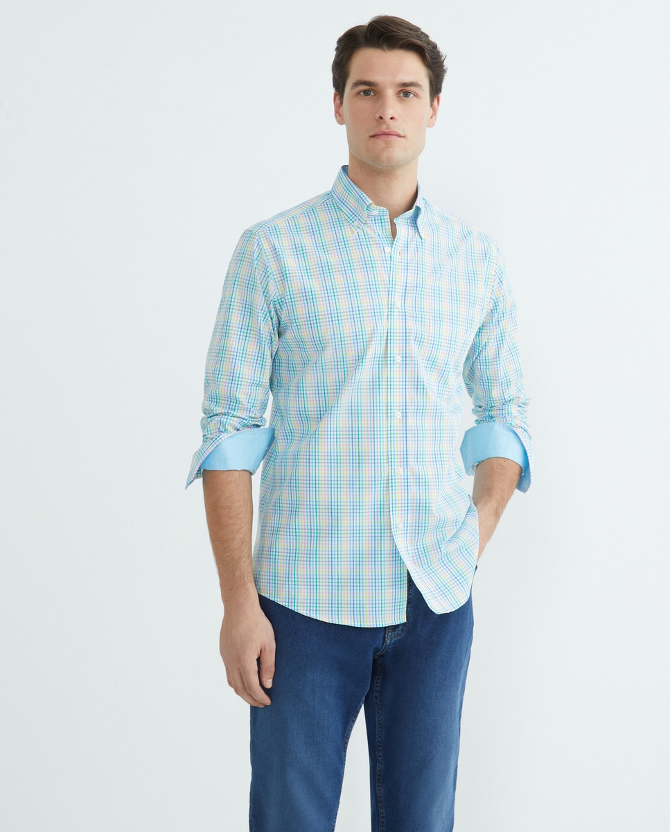 Camisa Casual de Manga Comprida e aos Quadrados Turquesa-1