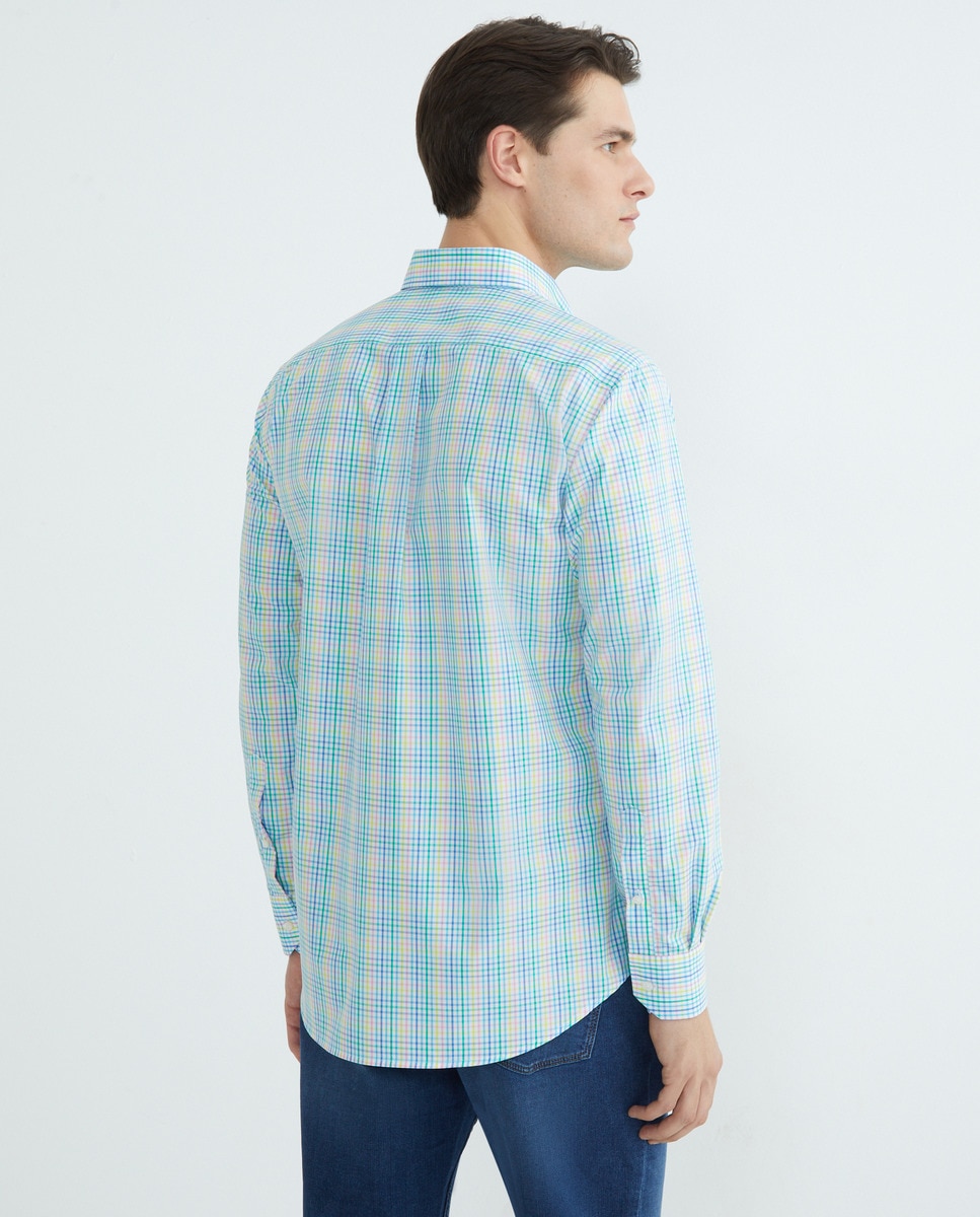 Camisa Casual de Manga Comprida e aos Quadrados Turquesa-3