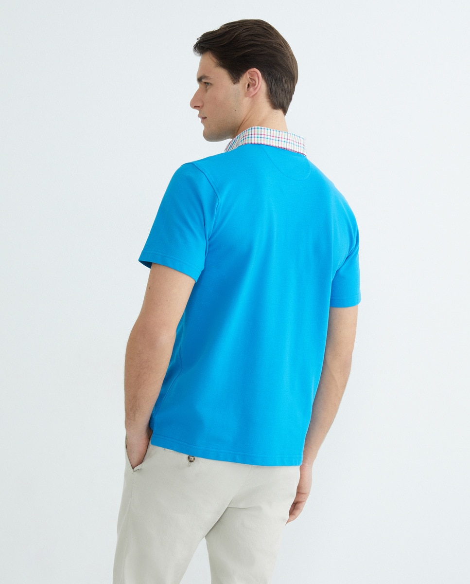 Polo Piqué de Manga Curta com Gola de Tecido Azul-índigo-3