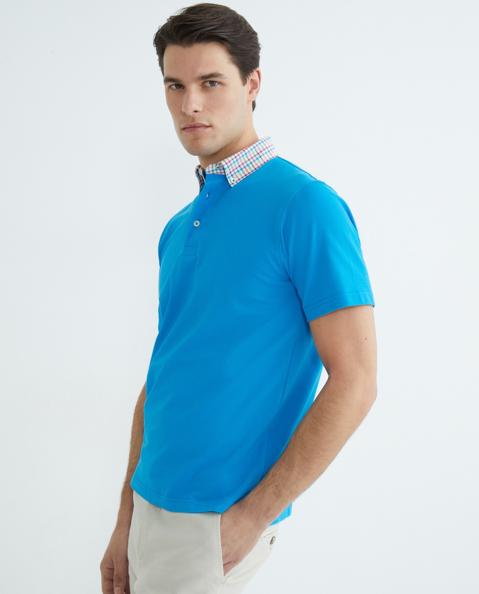 Polo Piqué de Manga Curta com Gola de Tecido Azul-índigo-1