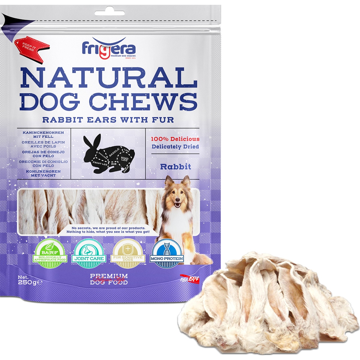 Snack Natural para Cão Orelha de Coelho embalagem 250 g