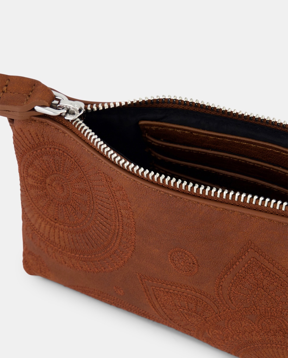 Porta-Moedas com Bordado Floral Camel-3