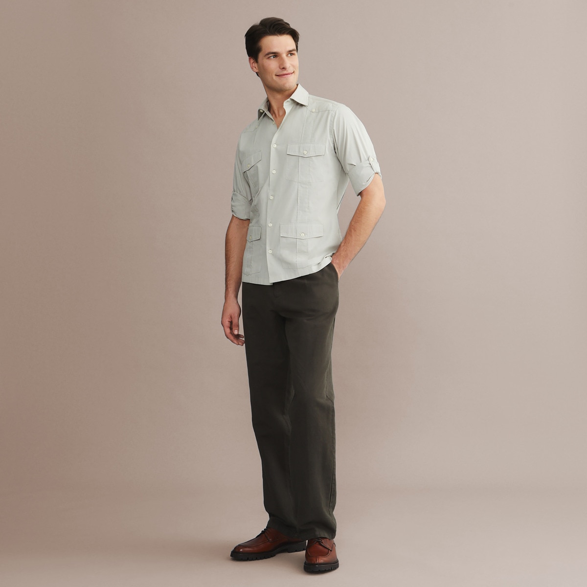 Camisa Guayabera de Algodão de Homem Bege-3