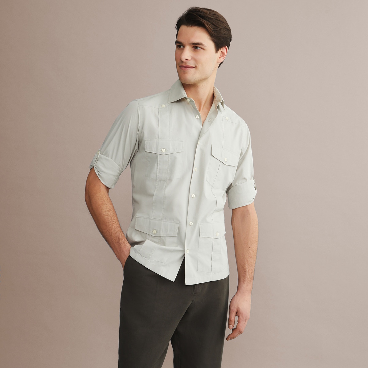 Camisa Guayabera de Algodão de Homem Bege-2