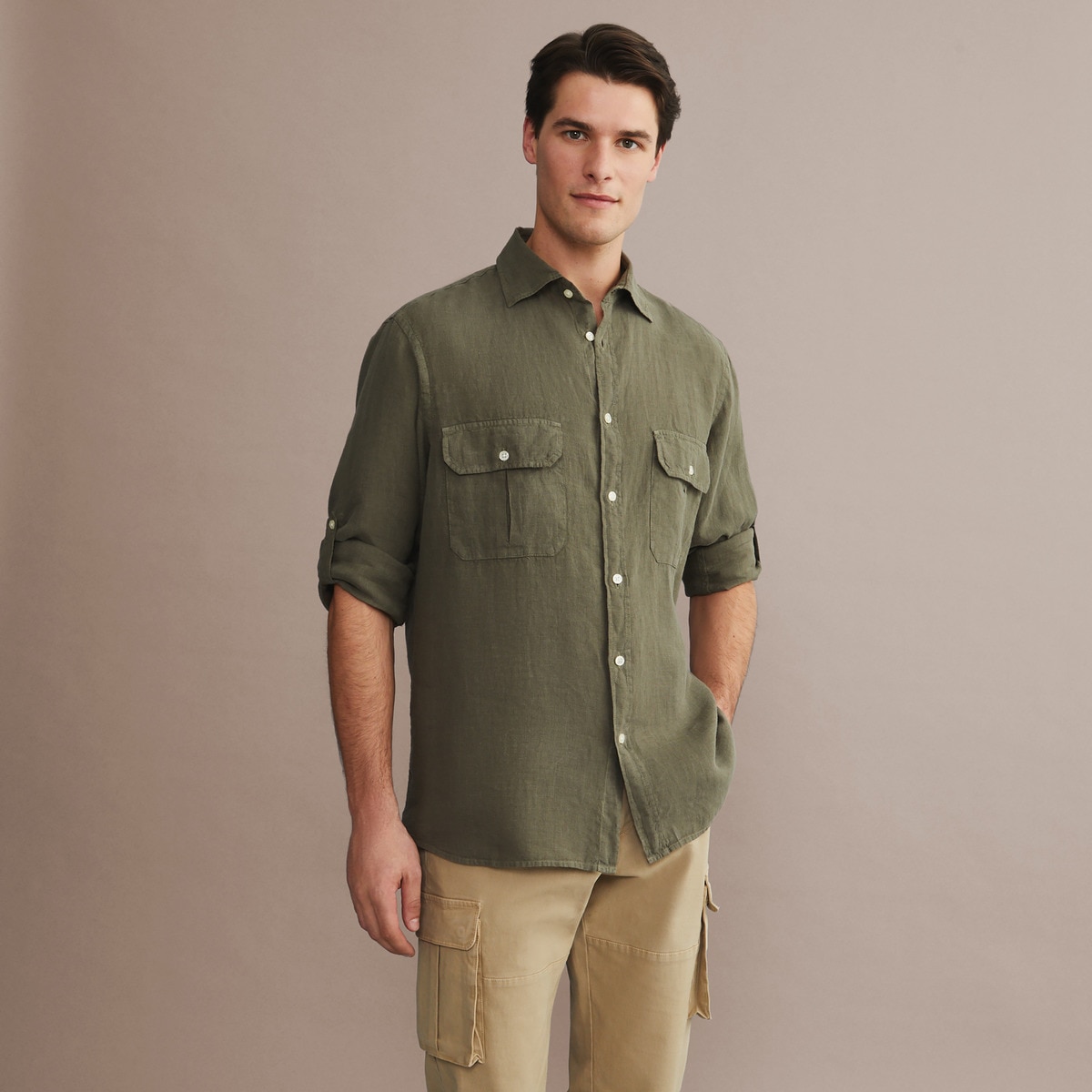Camisa de Linho de Homem com Lavagem Verde-escuro-2