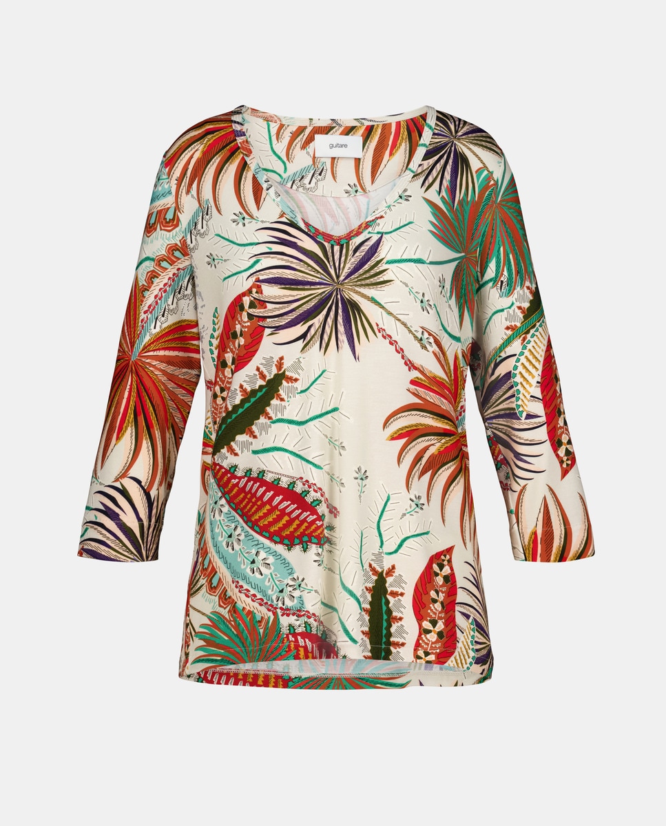 T-shirt com Manga 3/4 e Decote em Bico Multicolor-4