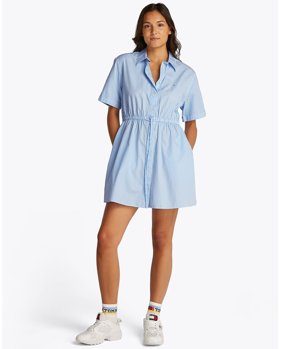 Mini Vestido Tipo Camisa com Manga Curta e às Riscas Azul-claro-1