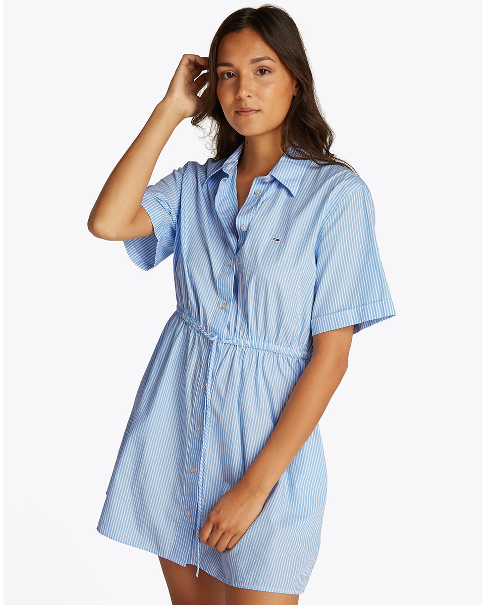 Mini Vestido Tipo Camisa com Manga Curta e às Riscas Azul-claro-3