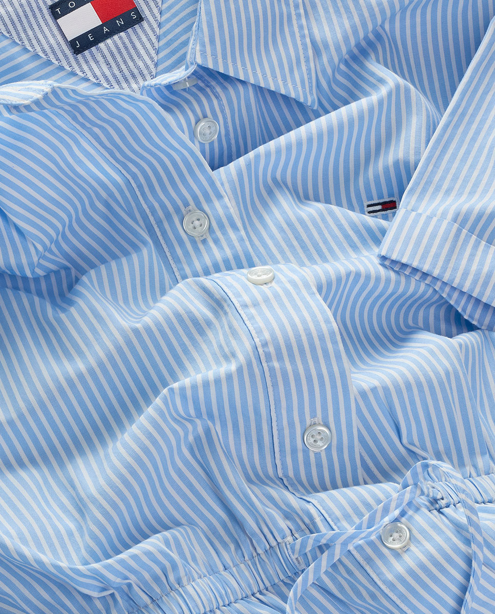 Mini Vestido Tipo Camisa com Manga Curta e às Riscas Azul-claro-4