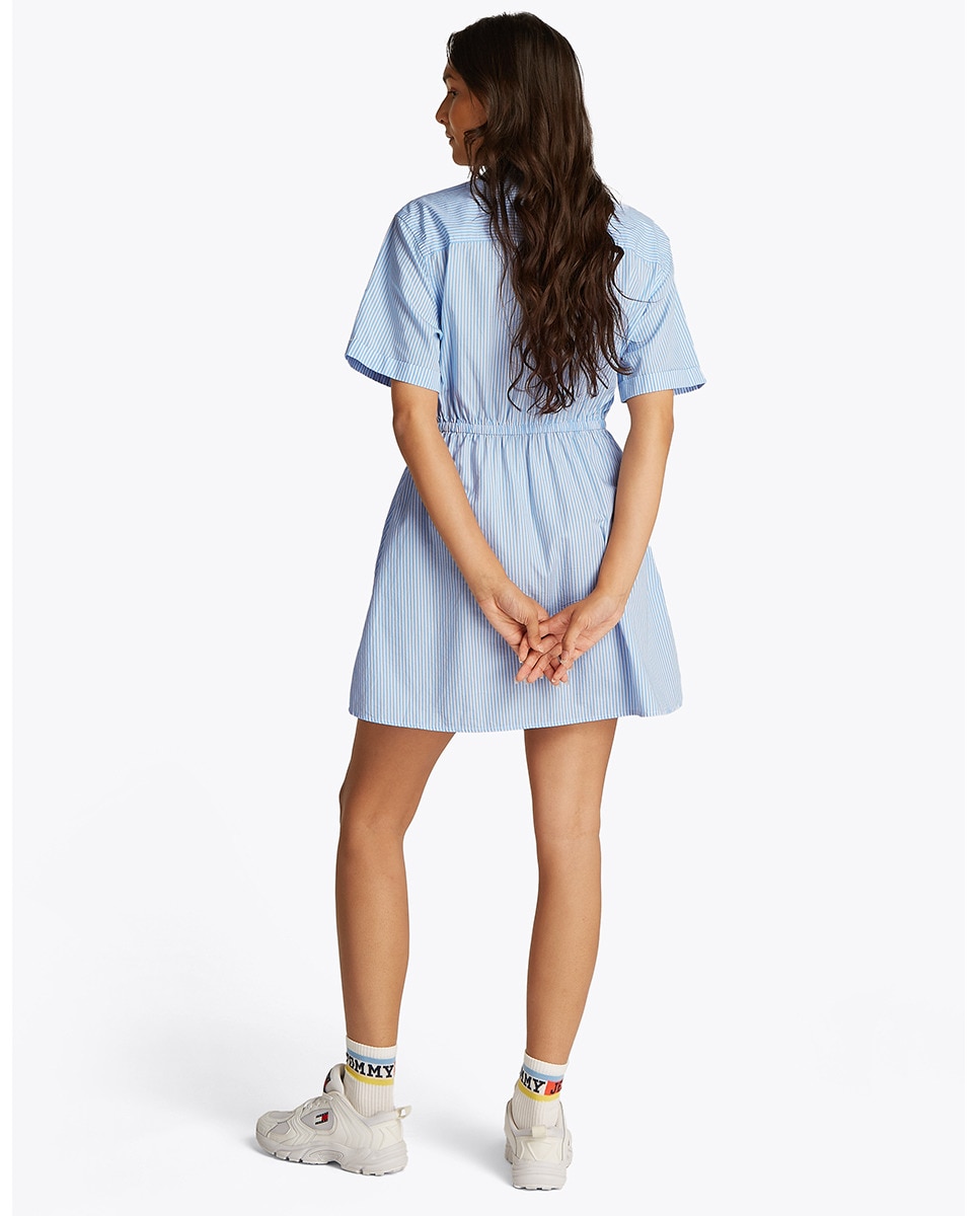 Mini Vestido Tipo Camisa com Manga Curta e às Riscas Azul-claro-2