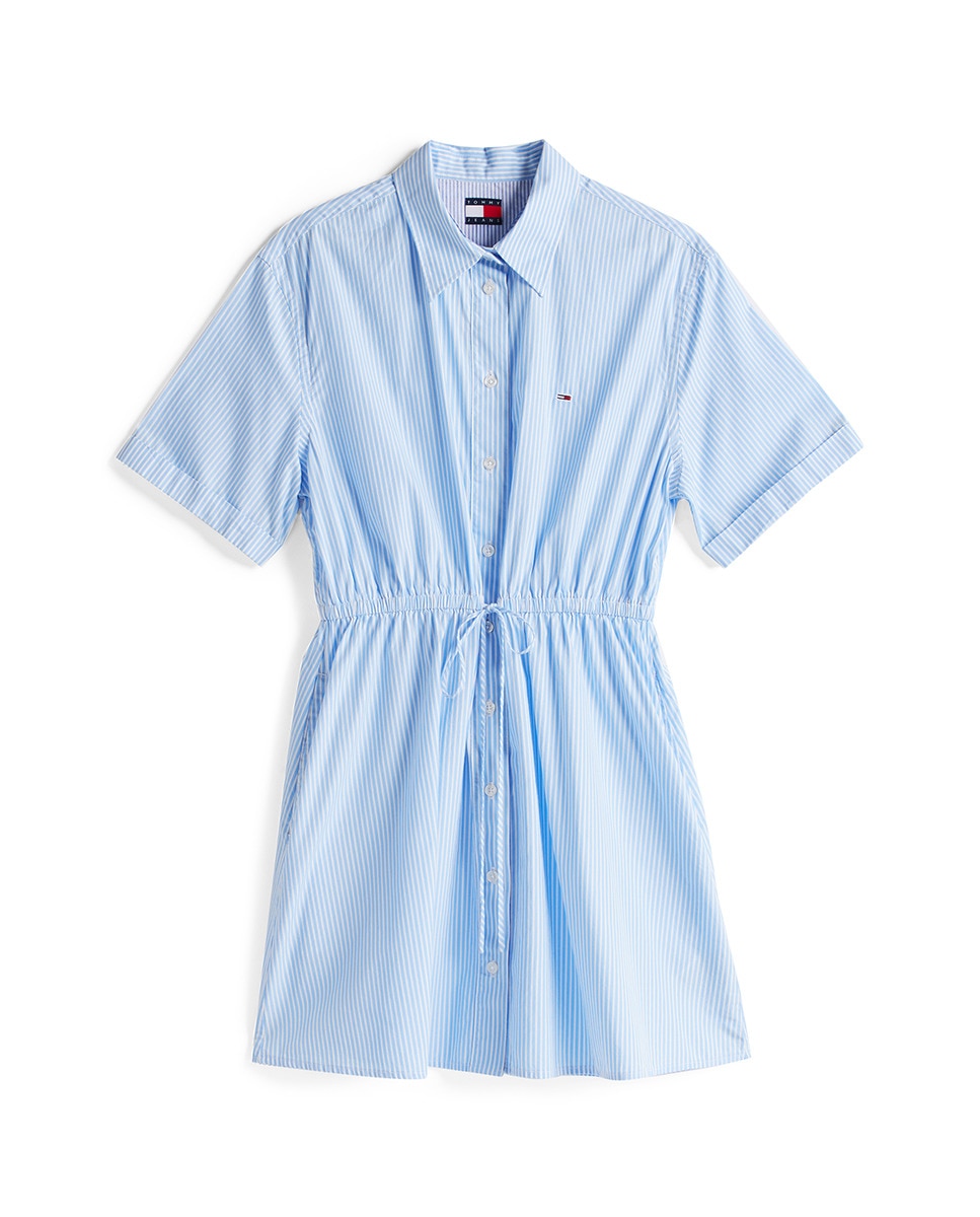 Mini Vestido Tipo Camisa com Manga Curta e às Riscas Azul-claro-7