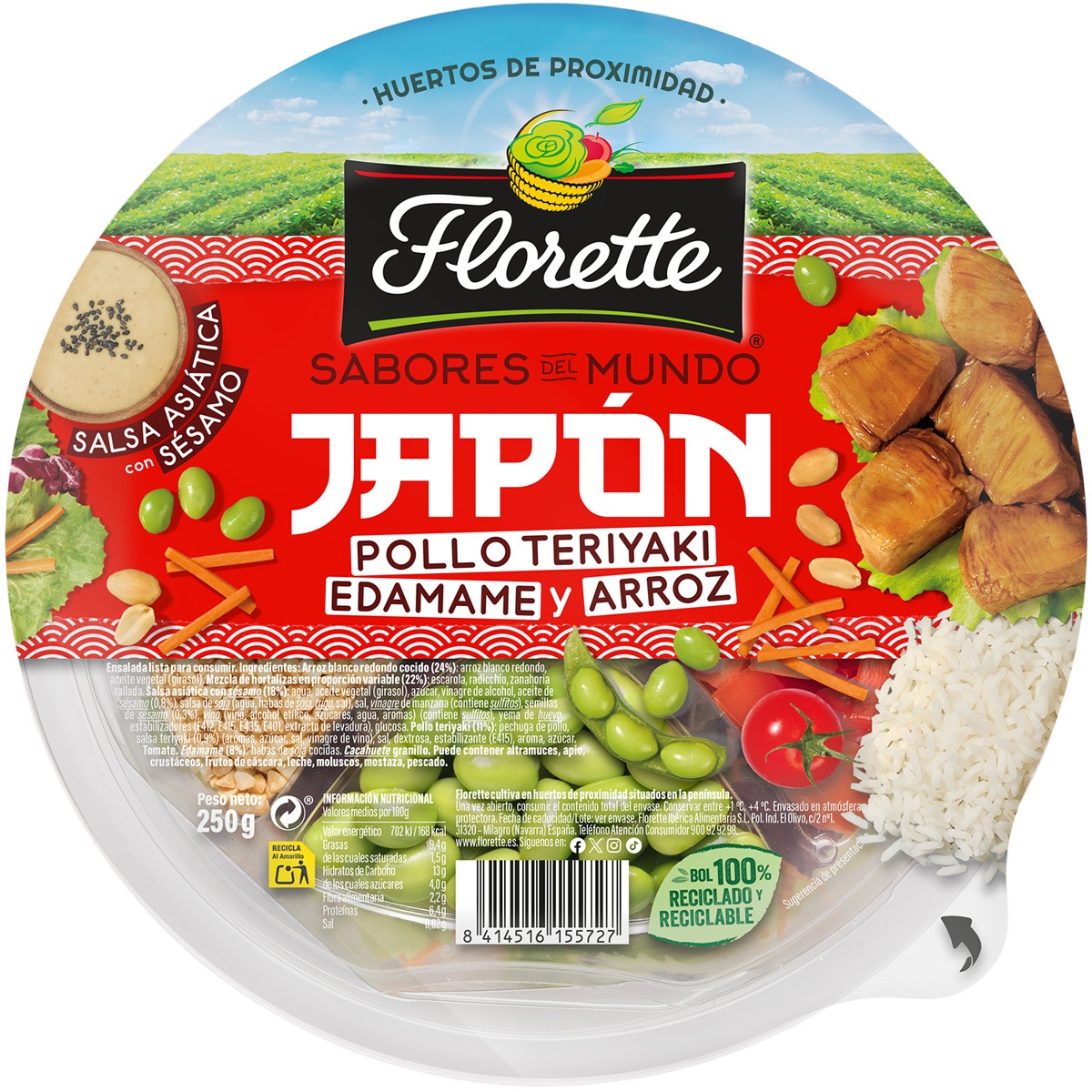 ensalada Sabores del Mundo Japón con pollo teriyaki, edamame y arroz tarrina 250 g con salsa asiática con sésamo