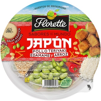ensalada Sabores del Mundo Japón con pollo teriyaki, edamame y arroz tarrina 250 g con salsa asiática con sésamo - Florette