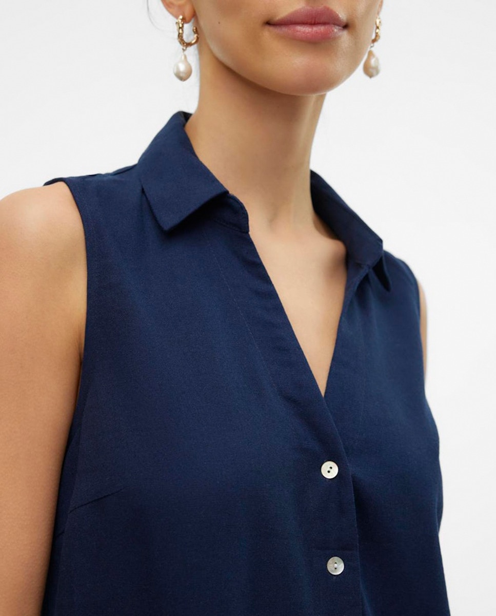 Blusa sem Mangas e com Corte de Camisa Azul-marinho-3