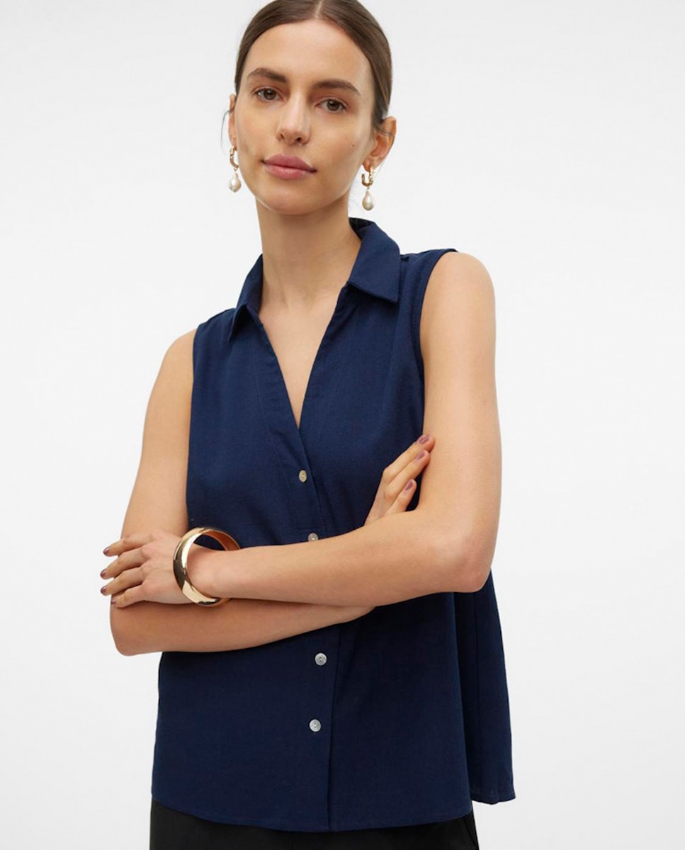 Blusa sem Mangas e com Corte de Camisa Azul-marinho-1