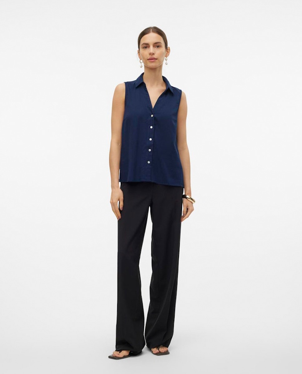 Blusa sem Mangas e com Corte de Camisa Azul-marinho-7